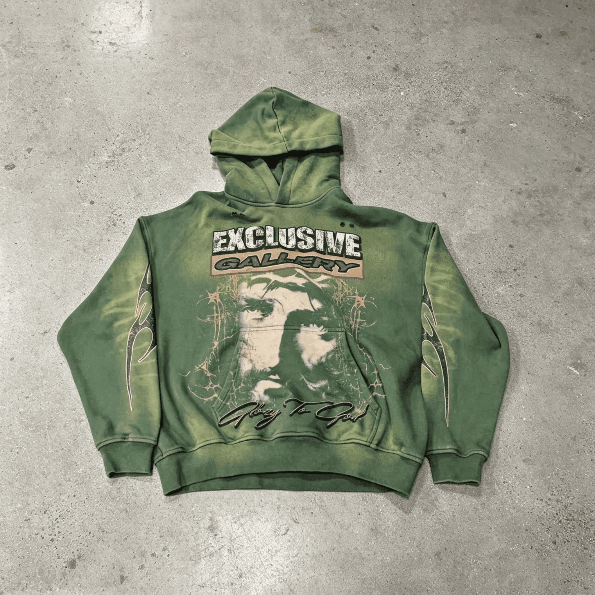 Custom Faded Green Archive Print Men Loose Fit Sweat Co Ord Heavyweight Fleece Drawstring Wide Leg Street Workwear Set gallery 5
