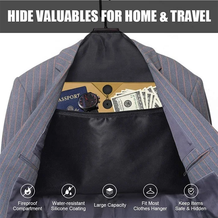 Hanger Diversion Safe – Waterproof & Fireproof Secret Document Holder Zipper Pouch, 17.5 X 12.5 Inch Oxford Cloth, Fits Under Clothes