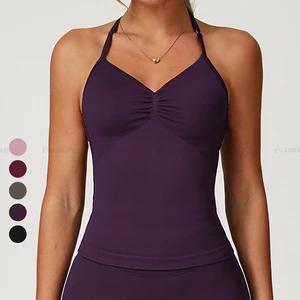 Women's Tummy Control V-neck Sports Camisoles Gym Top Nylon Crop Front Folds Custom Seamless Adjustable Strap Spandex Tank Tops