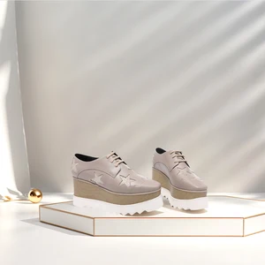 2026 Wholesale Square-Toe Platform Women Shoes Square Toe Lace up Leather Wedges British Style Casual Shoes Woman