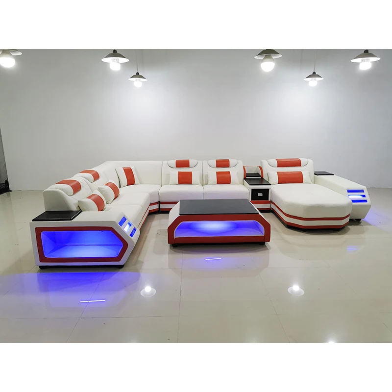 Современный белый кожаный секционный диван, набор мебели, журнальный столик, подставка для телевизора, диван, мебель для гостиной со светодиодной подсветкой