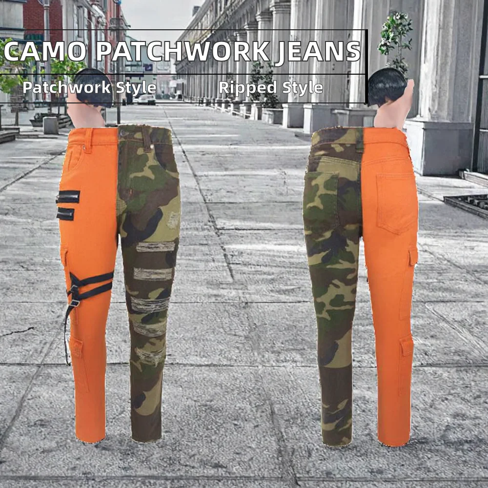QC-067 Hot Selling Hip Hop Fashion Men's Straight Jeans 100% Cotton Mid Waist Camouflage Patchwork Ribbons Ripped Cargo