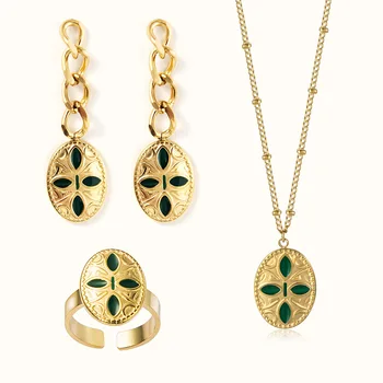French Vintage Gold Plated Drip Oil Coin Pendant Necklace Set Stainless Steel Geometric Oval Earrings Ring Jewelry Set