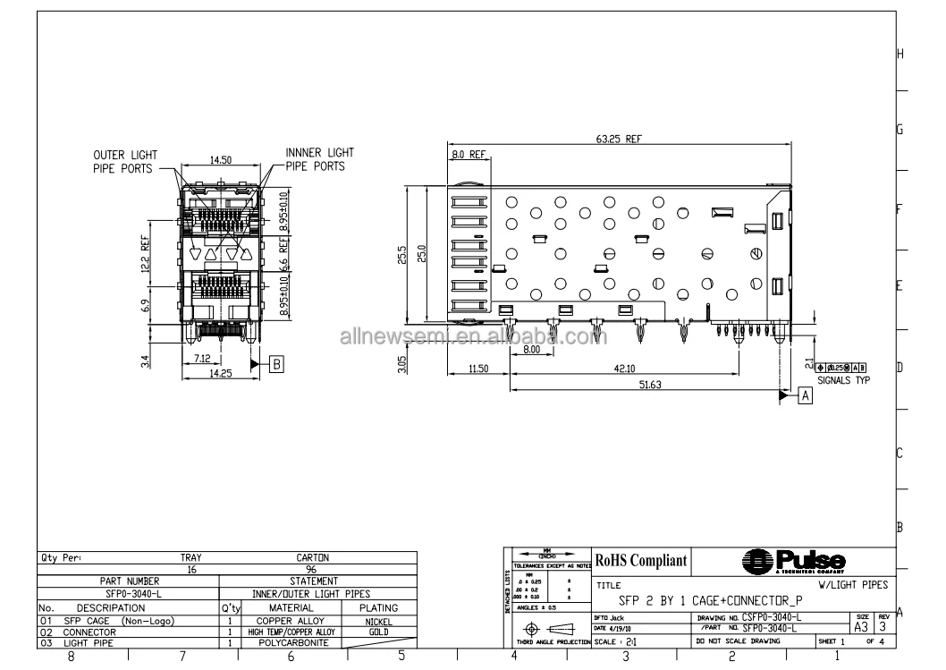 Hot sale Original SFP0-3040-L Pluggable Connector Assemblies 40 Position SFP Receptacle with Cage Ganged Press-Fit Connector