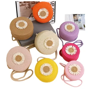 custom logo Fashion Woven Straw Summer Ladies Bohemia Messenger Bag Zipper Portable Design for Beach Travel Cute Kid's Style Flower Pattern