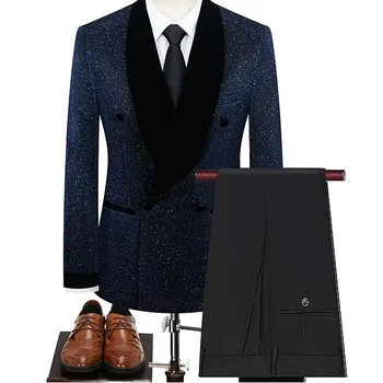 Men's Suits Tailored Black 2 Pieces Blazer Pants One Button Wide Velvet Shawl Lapel Formal Work Wear Plus Size Wedding Tuxedo