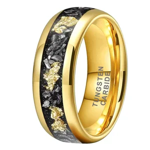 Coolstyle Jewelry 8mm Engagement Wedding Band for Men Women Imitated Meteorite Chip Gold Foil Inlay Gold Tungsten Carbide Ring