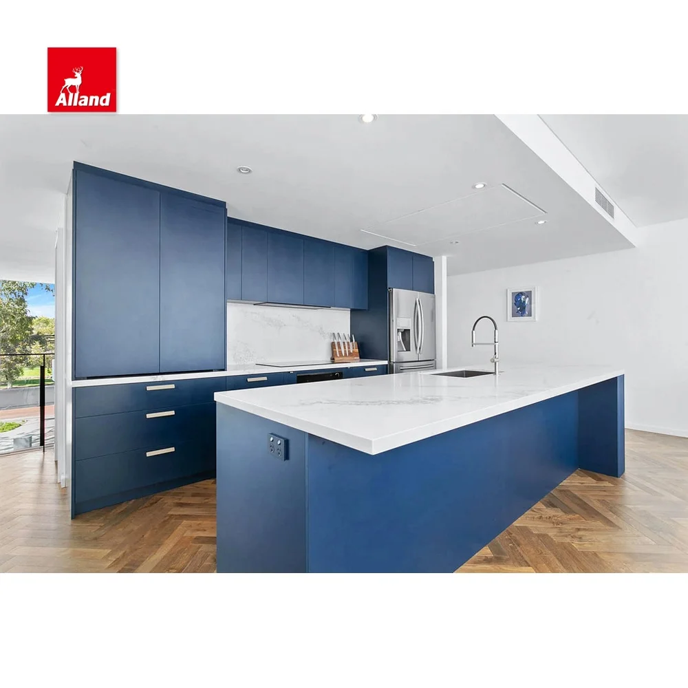 Modern Design Matte Lacquer MDF Flat Panel Two Tone Kitchen Cabinets with Island Made in China