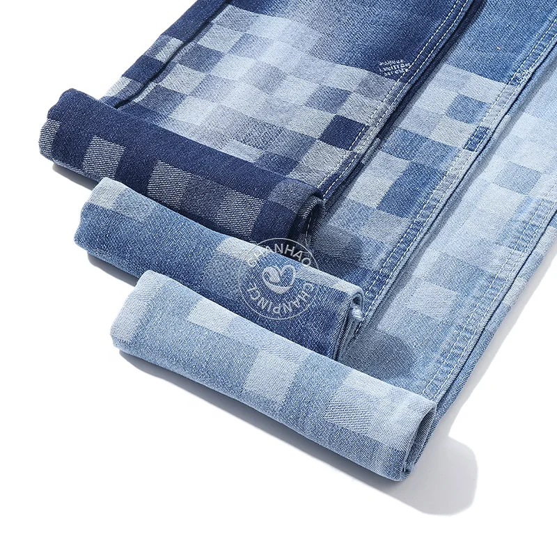 Gradient Grid Bottom of Towel Blue 80% Cotton Jacquard Denim Fabric for Jeans 10.5Oz High Quality Denim Fabric Wholesale