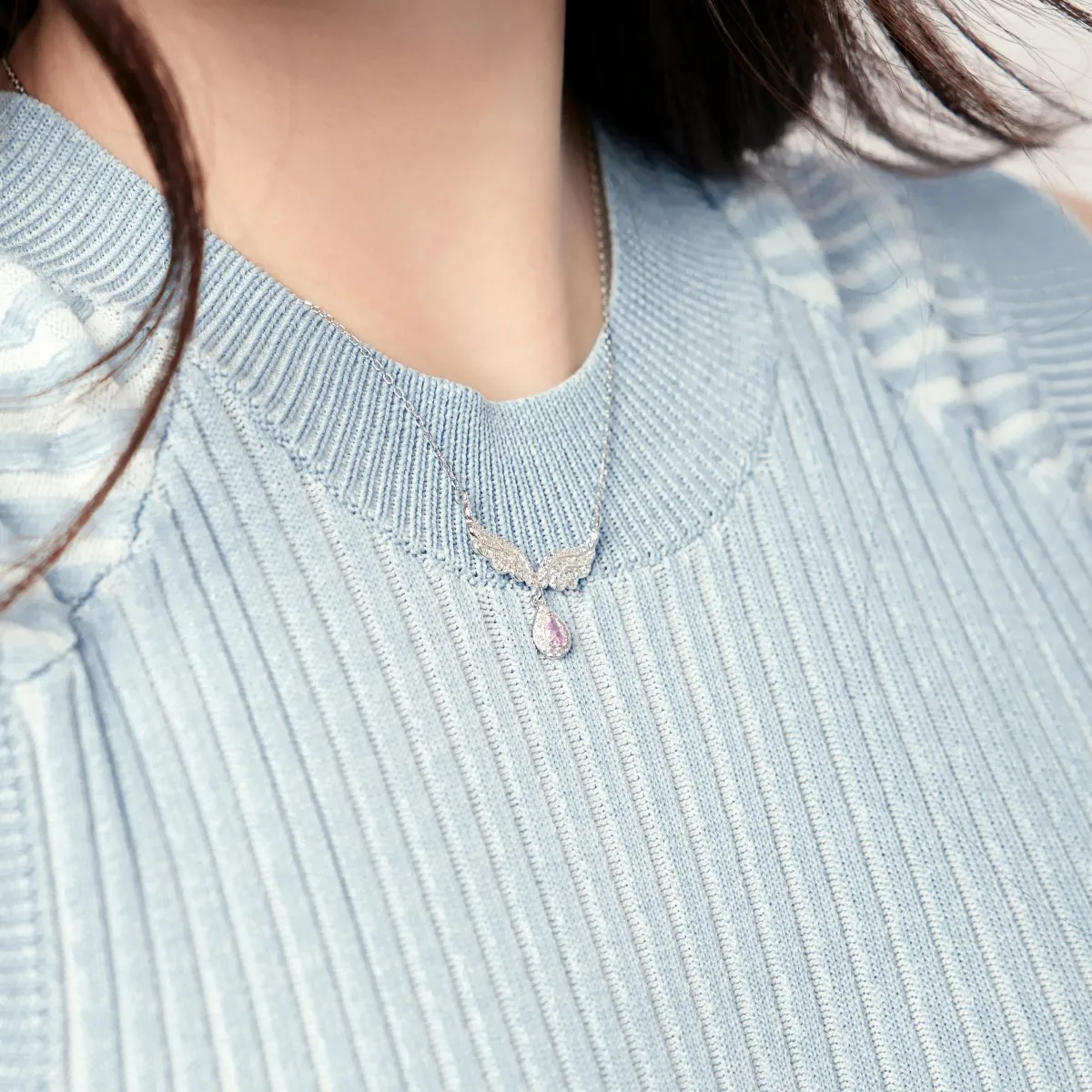 KAKODIY exquisite shiny silver angel wings pink pear-shaped Cubic Zirconia teardrop pendant for women necklace for women detail 2