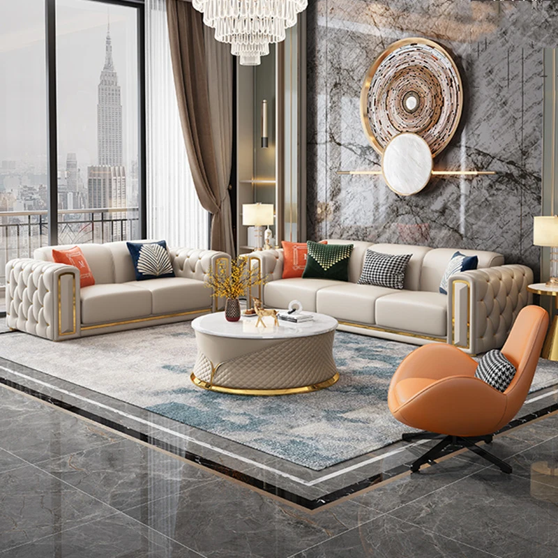 Modern Modular Sofa Simple Leather Living Room Sofas Light Luxury 3 Seater Classic White Leather Soft Single Sofa