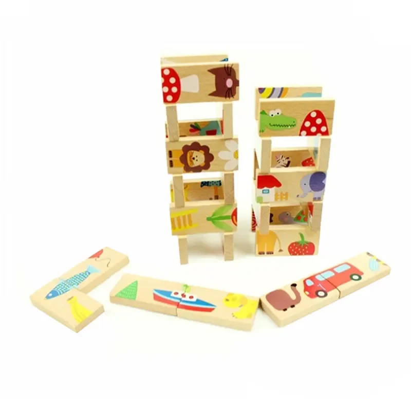 Customs Wooden Cartoon Animal Printed Set 28Pcs Blocks Domino Kids Children Baby Toys for Education Brain Intelligence