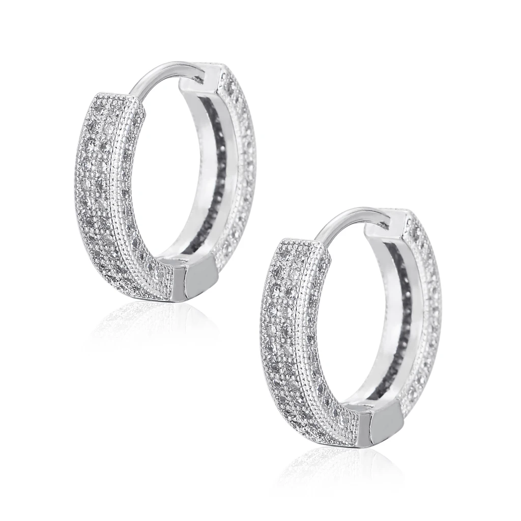 thumbnail image 2 of Men's Iced CZ Thick Two-Tone Gold 925 Sterling Silver Huggie Hoop Earrings 10mm 2 of 6