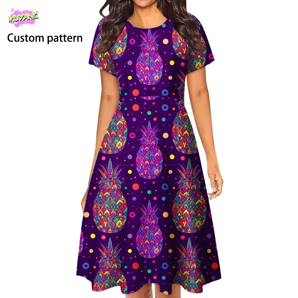 Vibrant Women's Short Sleeve Casual Dress with Colorful Geometric Pineapple  Prints on a Deep Purple Base