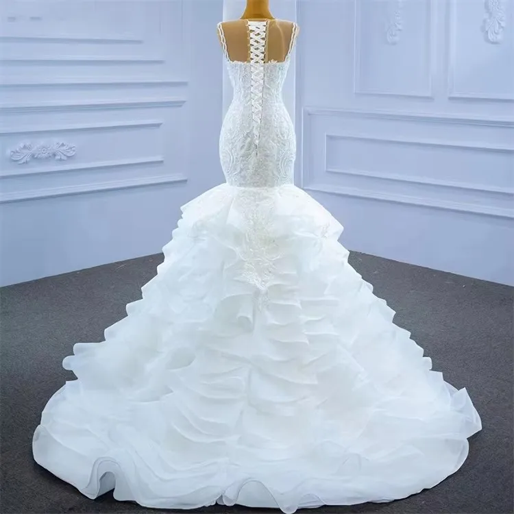 2024 Customize African Sleeveless Round Neck Mermaid Wedding Bridal Dresses Ruffle Fish Tail Wedding Dress Bridal Ball Gown