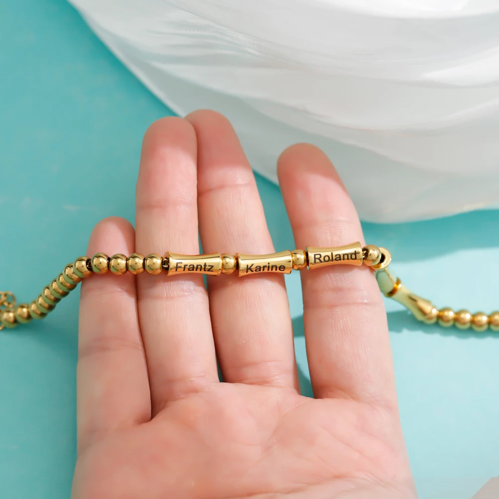 Minimalist Gold Plated Stainless Steel Bracelet for Women Engravable Bamboo Joint Bead Geometric Shape Gift Fashion Jewelry