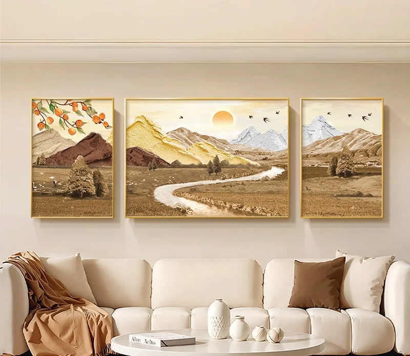 Ginkgo Forest Mountain Wall Art Canvas Print Golden Deer Sunset River Winding Path Nature Landscape Neutral Earthy Tones
