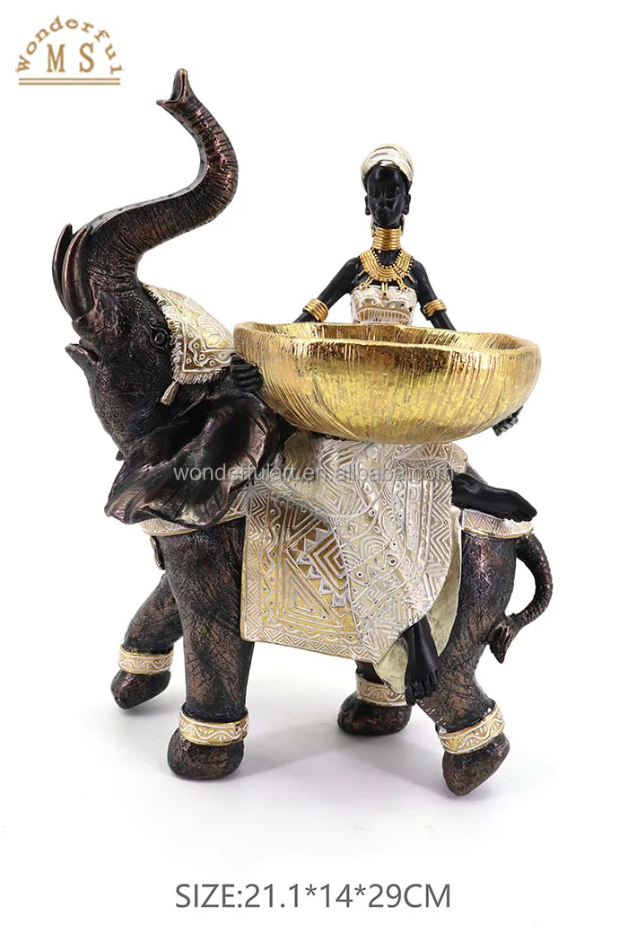 Black African woman statue with animal elephant gold lady figurine candle holder fruit candy plate resin craft gift