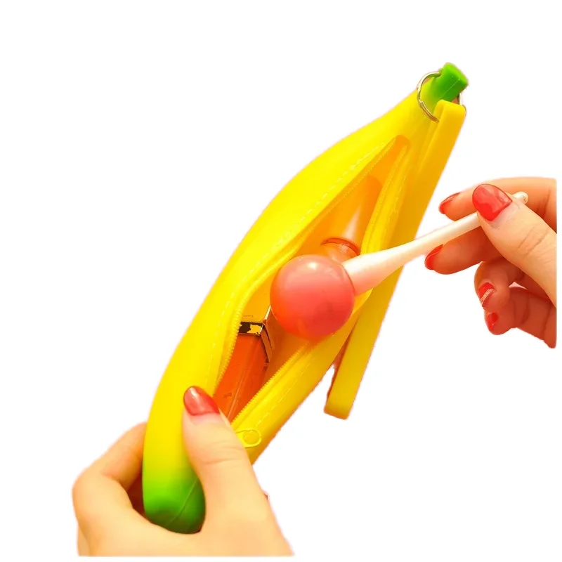 Custom Kawaii Cute Cartoon Stationery Pouch Bag Novel 3D Small Silicone Silicon Banana-Shaped Pencil Case for School Kids Girls