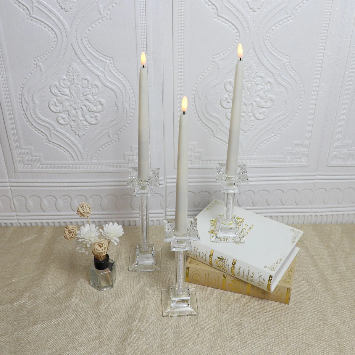 China wholesale customized indoor decorative tall crystal taper pillar glass candle holders manufacturers for wedding decoration