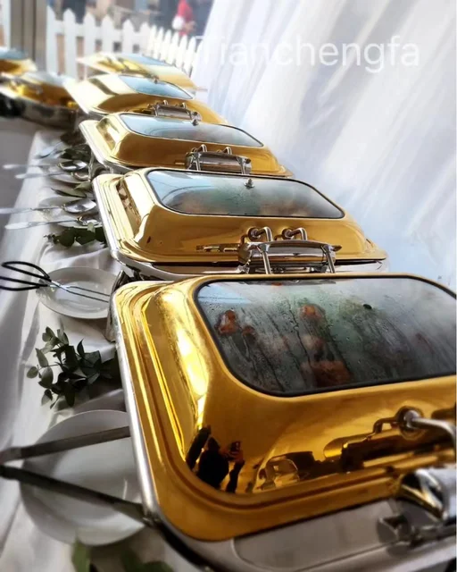 Factory Wholesale Hotel Buffet Equipment Chaffing Dish Heating Food Chafing Dish Gold 9L Rectangle Food Warmer For Wedding Party