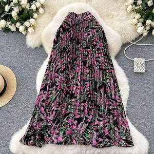 2026 New Arrival Women's A-Line Floral Chiffon Skirt Elegant Pleated Large Umbrella Cover Vintage Style Natural Waist for Summer