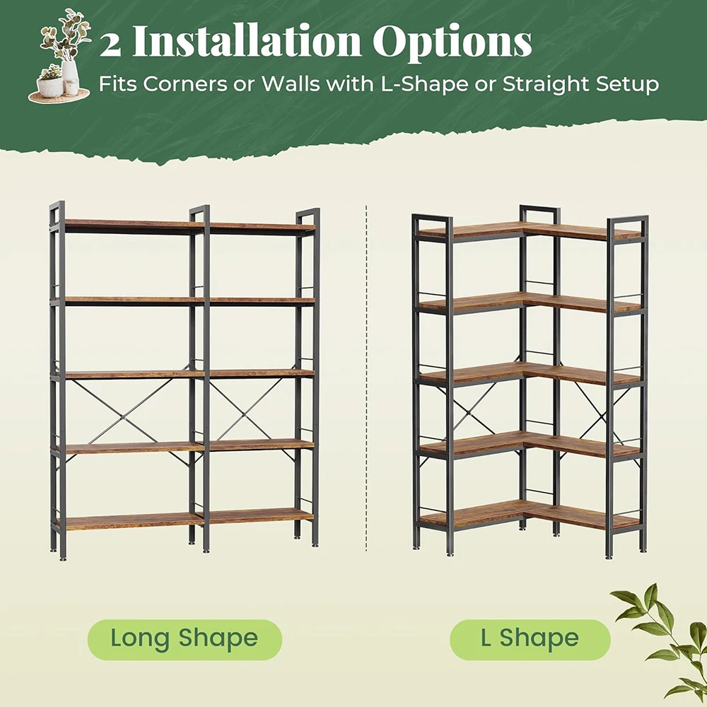 product nu deco mh26021 5 tier l shaped corner bookshelf 10 open shelves 494 inch wide metal frame wooden board adjustable feet modern-1