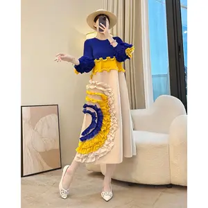 Miyake Explosions Design Women's Eco-Friendly Vintage Casual Midi Long Sleeve Pleated Dress