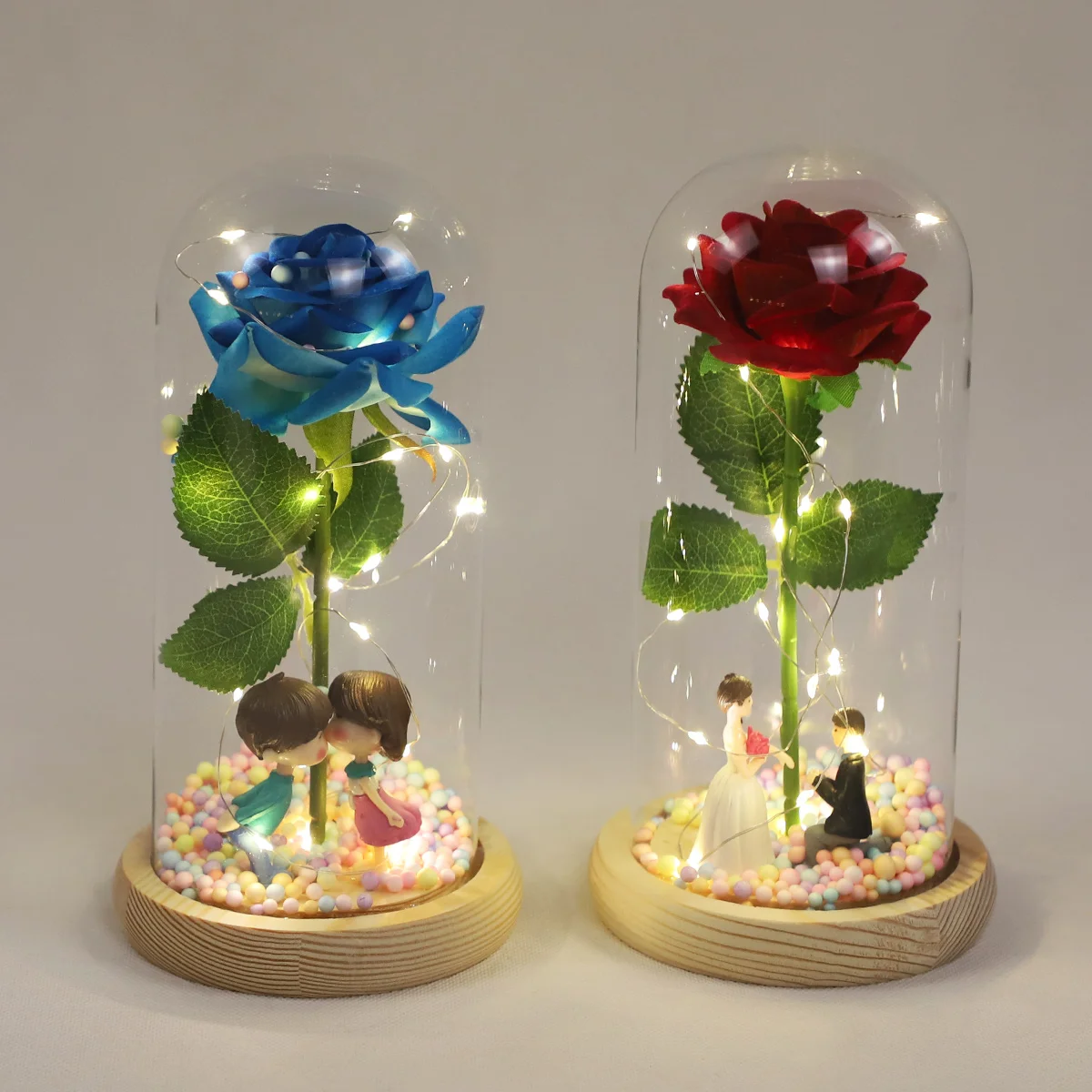 Romantic Led Lighted Rose Ornament With Couple Figurine Glass Flower Dome For Wedding Anniversary Valentine's Day Gift