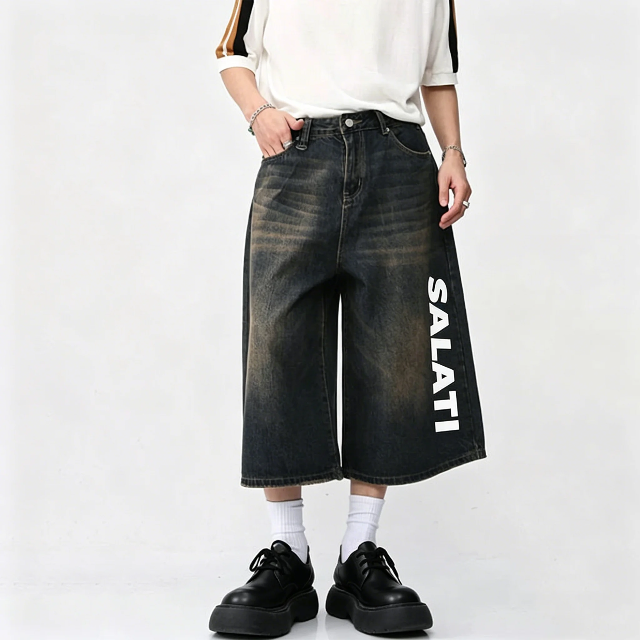 Wholesale Custom Vintage Rusty Washed Wide Leg Denim Men High Waist Loose Cotton Shorts Vertical Casual Jeans gallery 2
