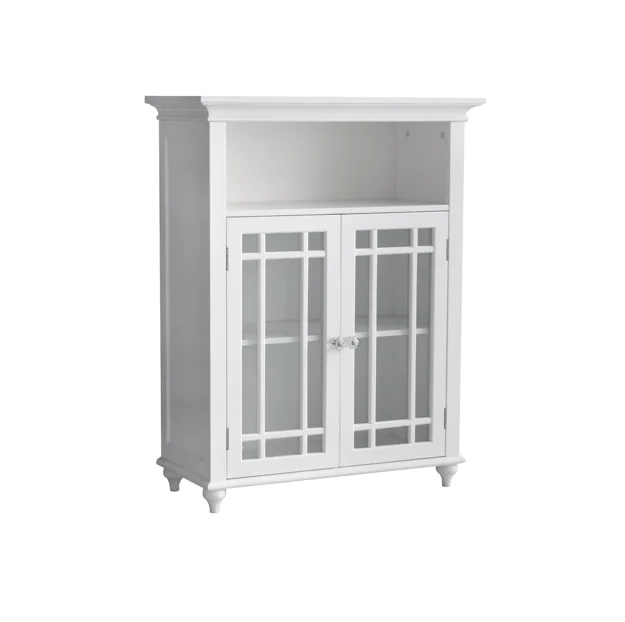 Wooden Freestanding Floor Cabinet with 1 Adjustable Shelf 3 Storage Spaces 2 Glass Doors and 2 Clear Knobs, White