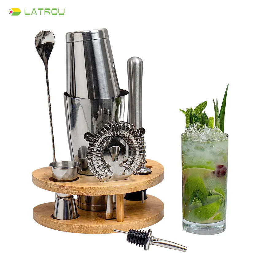 Complete Cocktail Mixer Set Beverage Mixer Set With Bar Tools,Bamboo Rack Boston Shaq Mojito