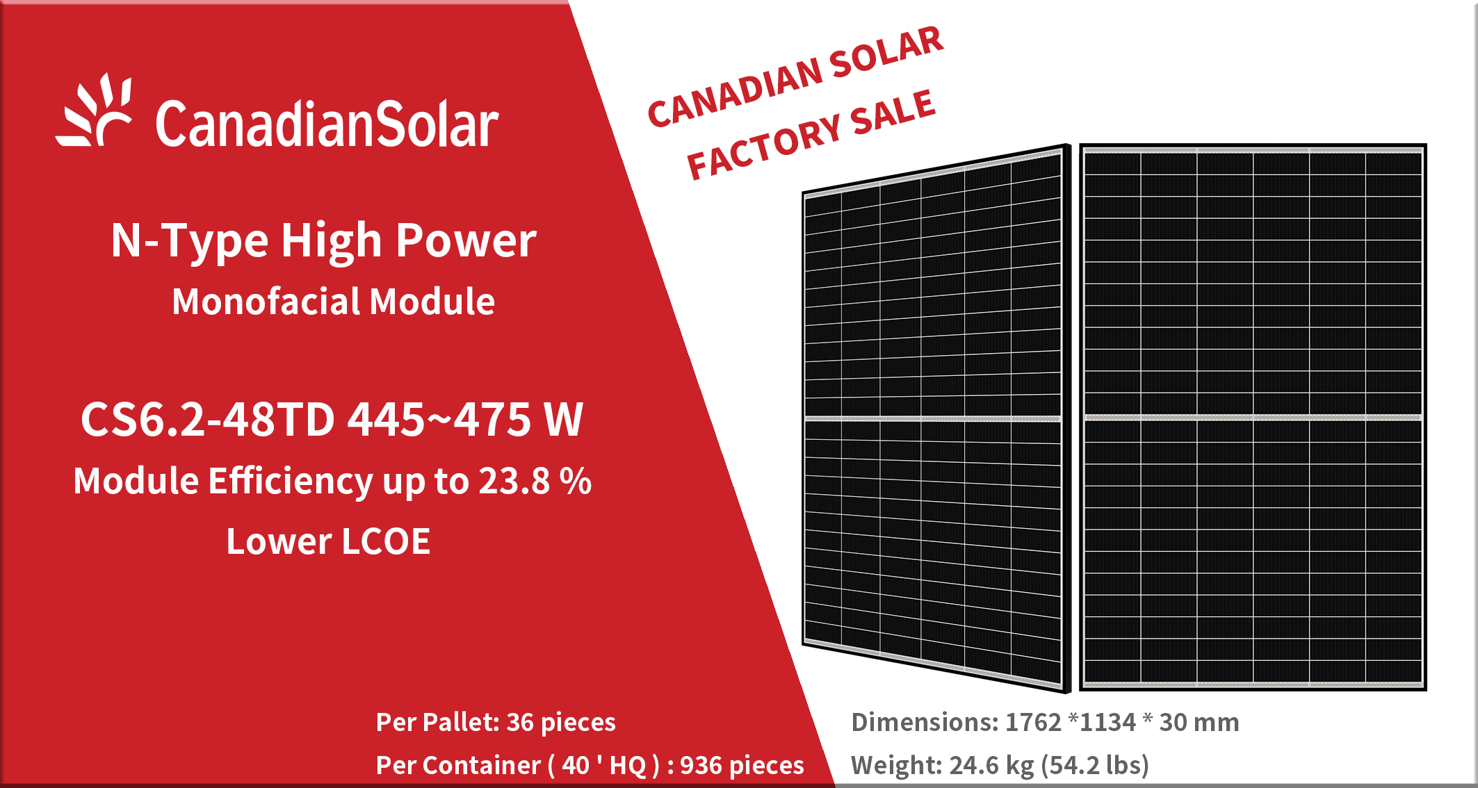 Canadiansolar CS6.2-48TD Black Frame Bifacial Panels 440W-470W