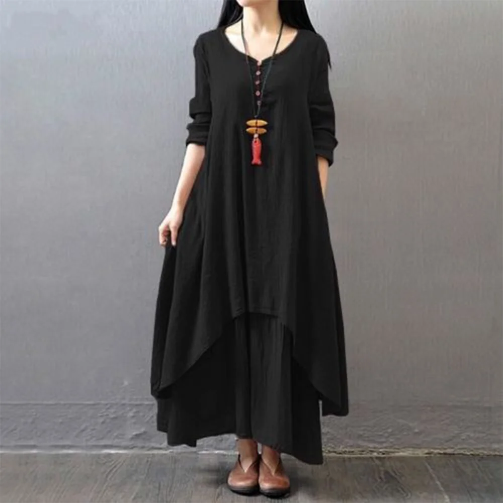 Women Maxi Dress 2022 Autumn New False Two-piece Long Sleeve Round Neck ...