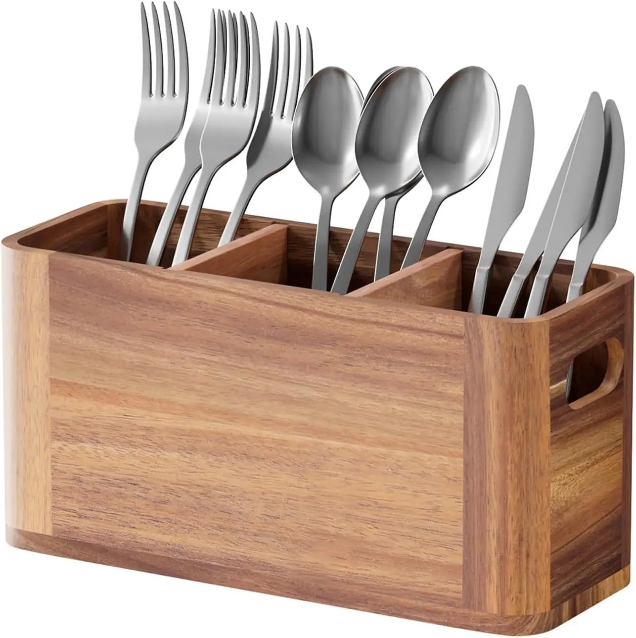 Wholesale Acacia Wood Kitchen Utensil Holder 3-Compartment Silverware Caddy Multipurpose Desktop Organizer for Spoons Forks