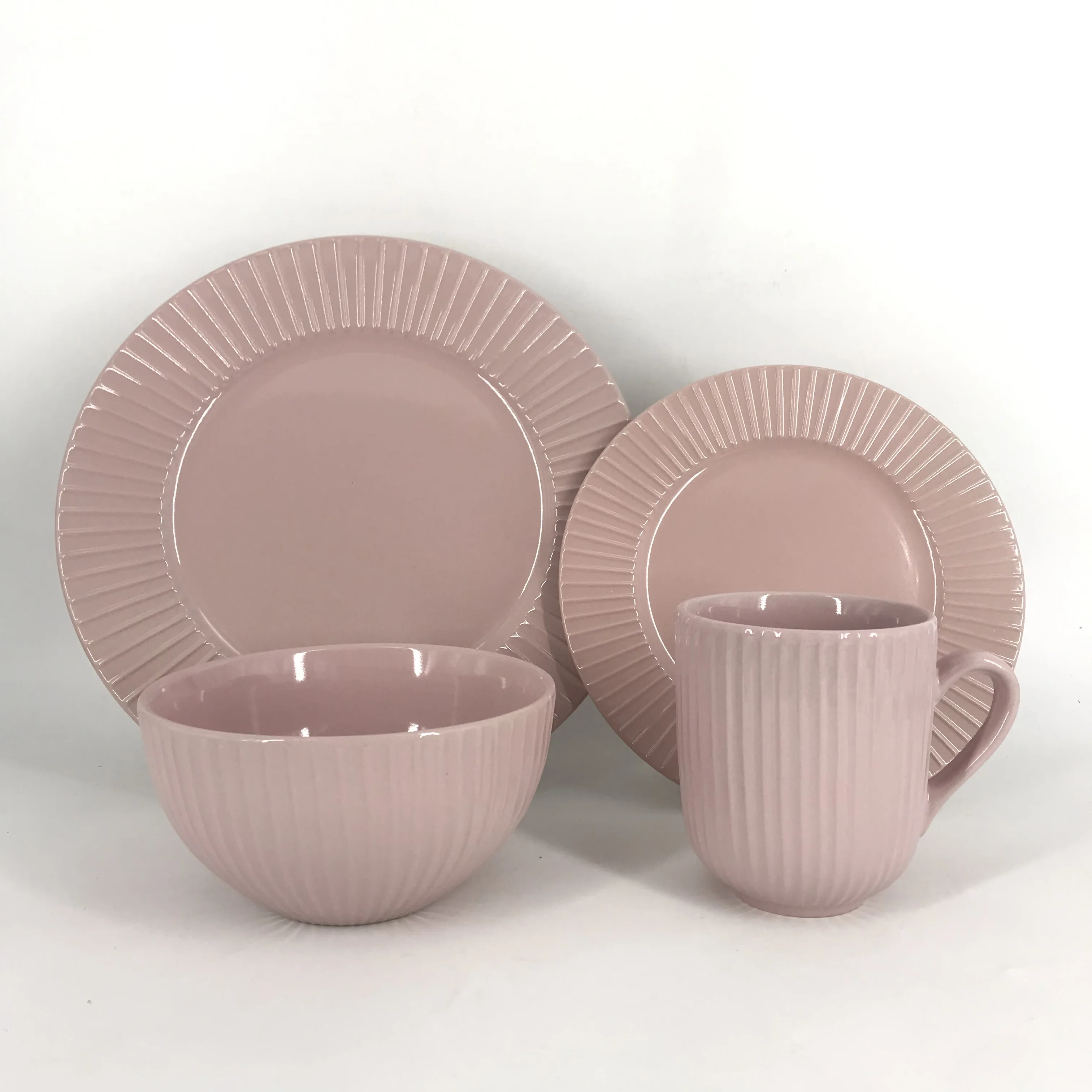 16pcs Solid Color Glaze Stoneware Embossed Ceramic Dinnerware Sets