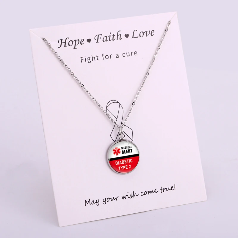 Medical Alert Diabetic Type 1 Type 2 Diabetes Awareness Ribbon Design Necklace Stainless Steel Base Crystal Pendant Necklace