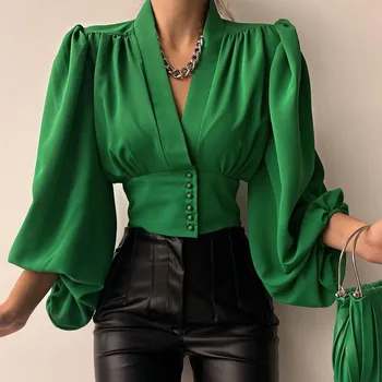 Loose Shirt Women Cotton House Solid Long Sleeve Plus Size S-3XL Green Shirt Blouse Tops Outwear T16613X 1