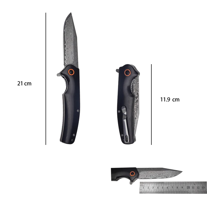 Outdoor 3.46in Damascus Blade Folding Knife With Ebony Wood Handle Portable Back Clip