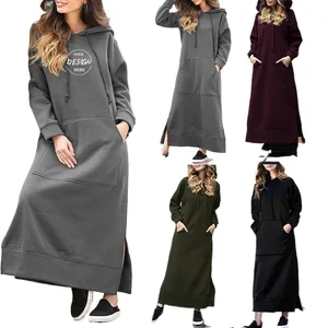 New Arrival Women Loose Plus Size Knitted Long Dress Fleece Sweatshirt Oversize Blank Long Kangaroo Pocket Hoodie Dresses