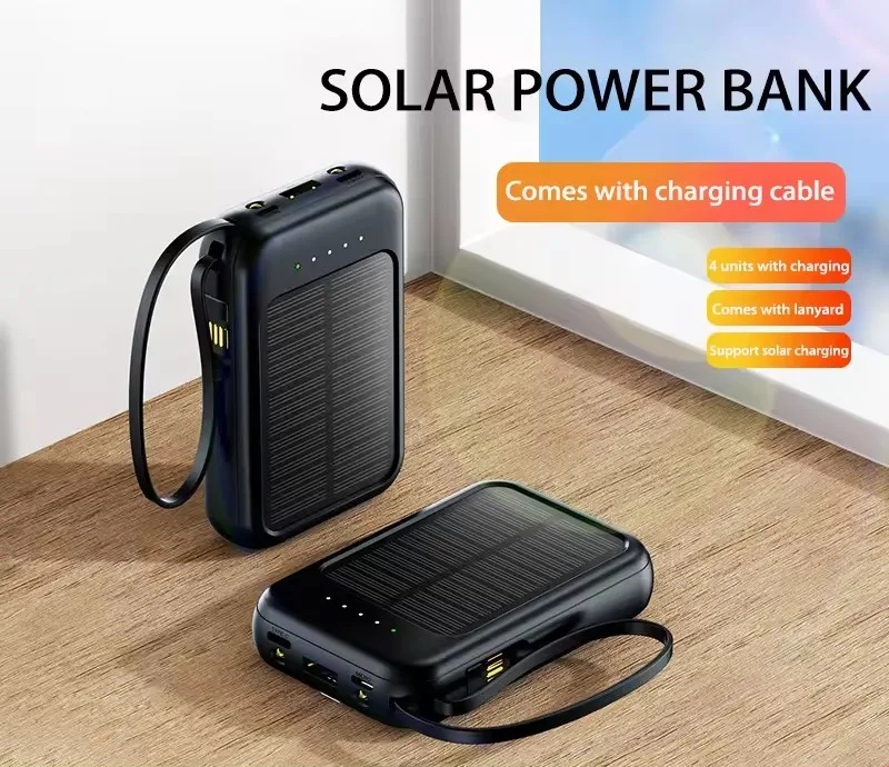 2024 Trending Custom Outdoor Mobile Charger Power Bank Station 20000Mah Portable Mobile Phone Solar Power Bank Built in Cables