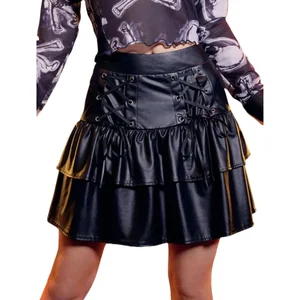 Women's New Fashion Eyelet Lace-Up Spandex/Polyester Skirt Gothic Two Layered Ruffle Short Empire Waist Black Mini Skirt