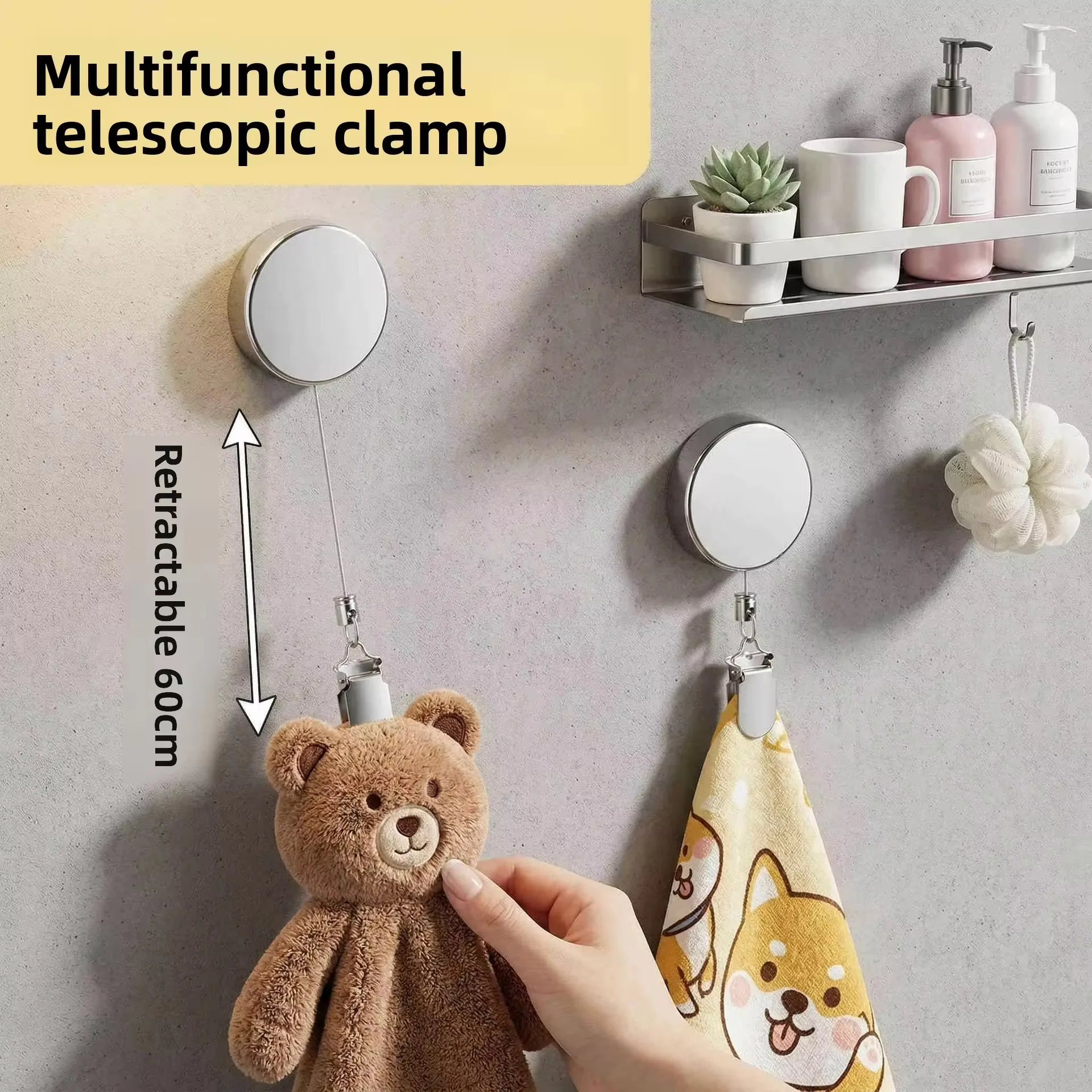 M-50 Retractable Towel Holder No Drill Self Retracting Towel Clip with Strong Adhesive Heavy Duty Metal Wall Mount Hanger