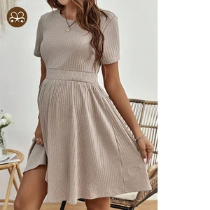 Casual Women Maternity Skirt High Waist Khaki Casual Ribbed Knitted A-line Maternity Dress