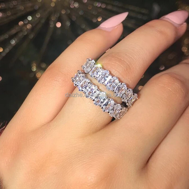 18K Gold Plated Pink Synthetic Cushion Cut 5ct Zircon Ring 5A Inlaid Cubic Zirconia Rings CZ Diamond Two Row Ring Eternity Engagement Wedding Band