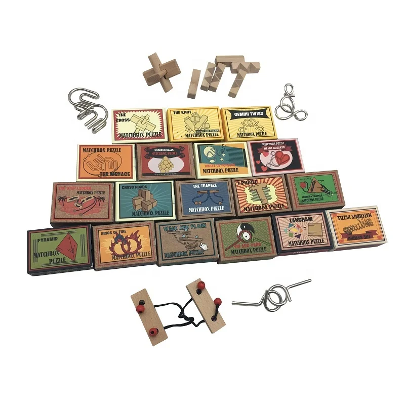 Promotion  Mini Wooden and Metal Brain Teaser Game Traditional matchbox Puzzle Rings of Fire Wire Puzzle