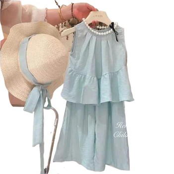 2025 New Summer Baby Girls Clothing Set Sleeveless with Pleats and Wide-Leg Pants Set for Girls With a Hat Sweet Baby Suit