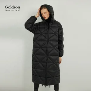 Customizable Urban Women's Long Down Jacket Recyclable Puffy Duck Coat Hood Waterproof Parka Polyester Lining Pocket Decoration