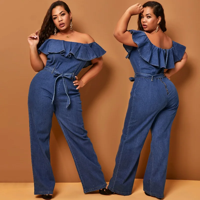 plus size wide leg denim jumpsuit