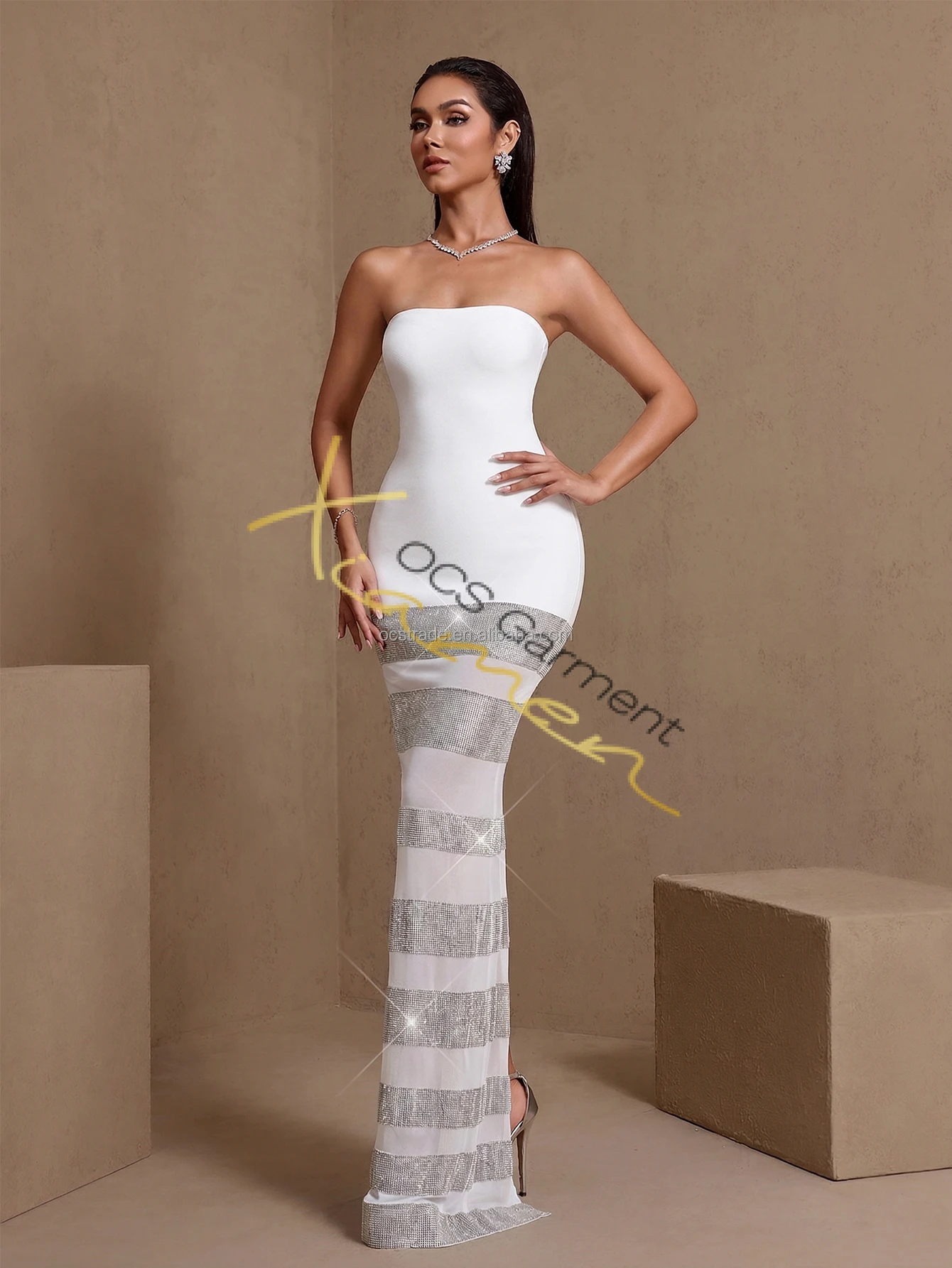 Ocstrade Boutiques Elegant White Strapless Bandage Evening Dress Silver Crystal Striped Mesh Maxi Formal Gown Wedding Guest Ocstrade Boutiques Elegant White Strapless Bandage Evening Dress Silver Crystal Striped Mesh Maxi Formal Gown Wedding Guest